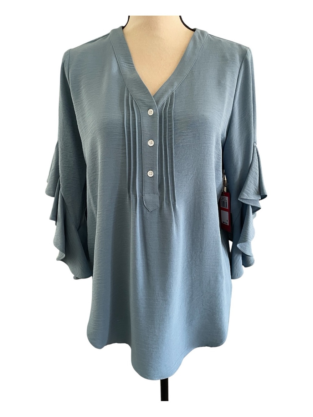 ♥️Vince Camuto♥️Dusty Blue V-Neck Pintuck Ruffle Sleeve Blouse, Size XS